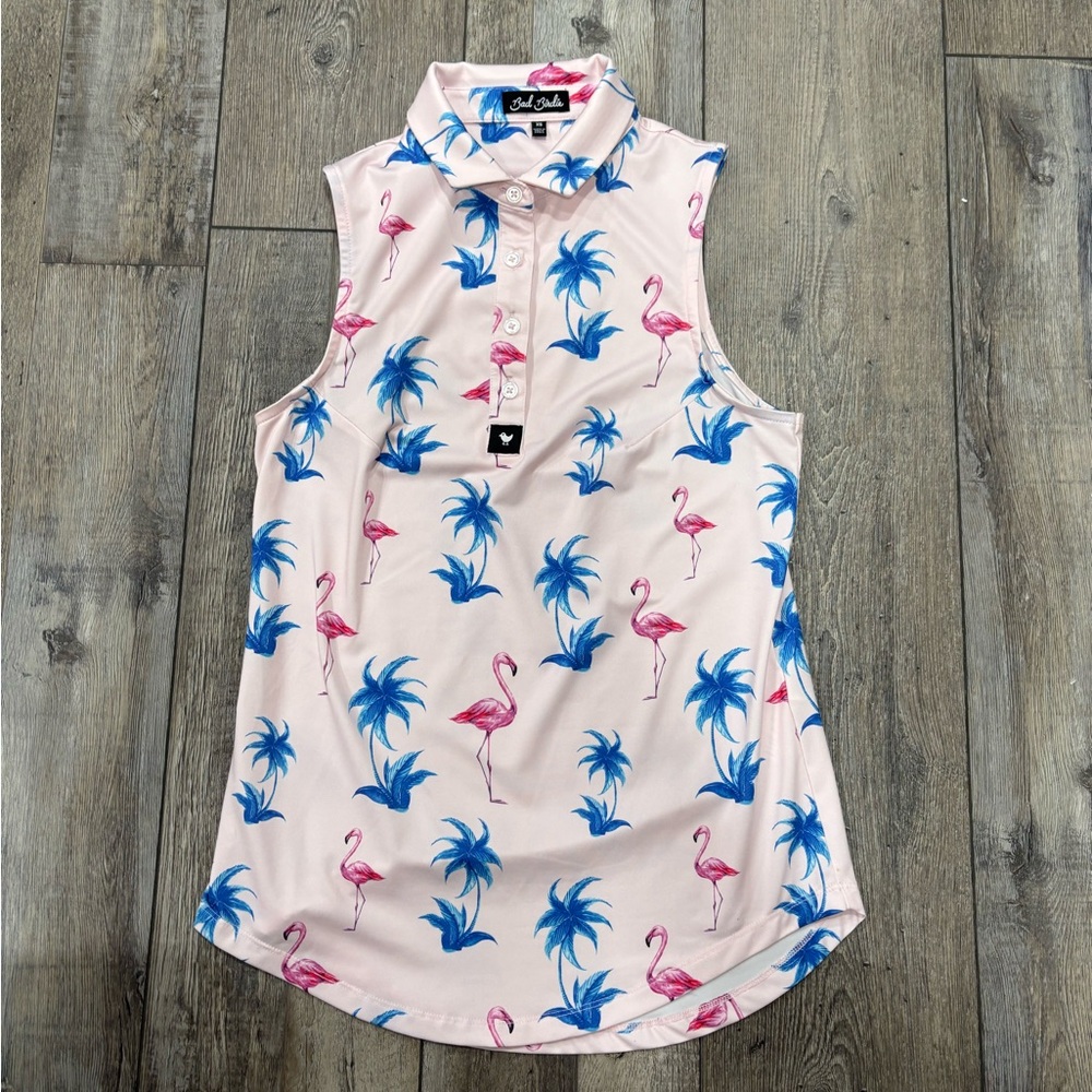 Like New? Bad Birdie Flamingo and Blue Palm Tree Sleeveless Polo Golf Shirt